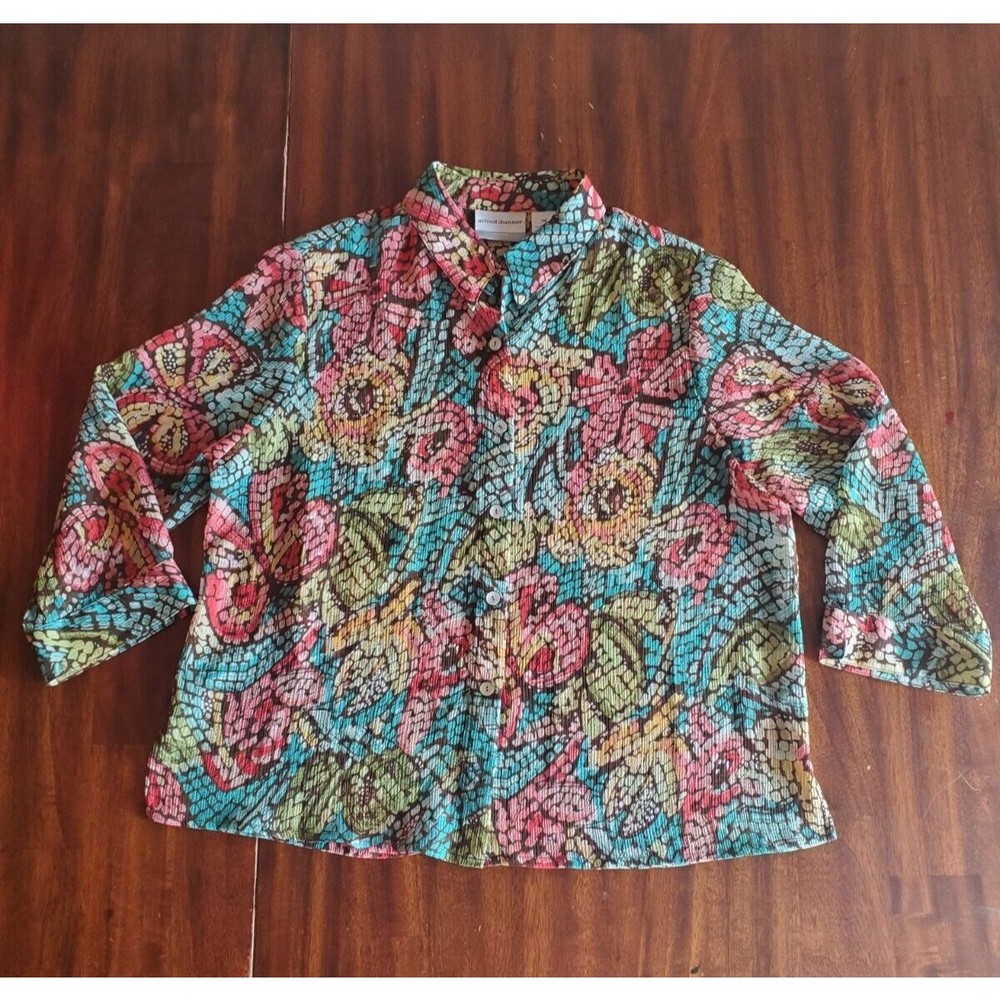 Alfred Dunner Plus Mosaic Butterfly Semi Sheer 3/4 Sleeve Button Down Top 14P